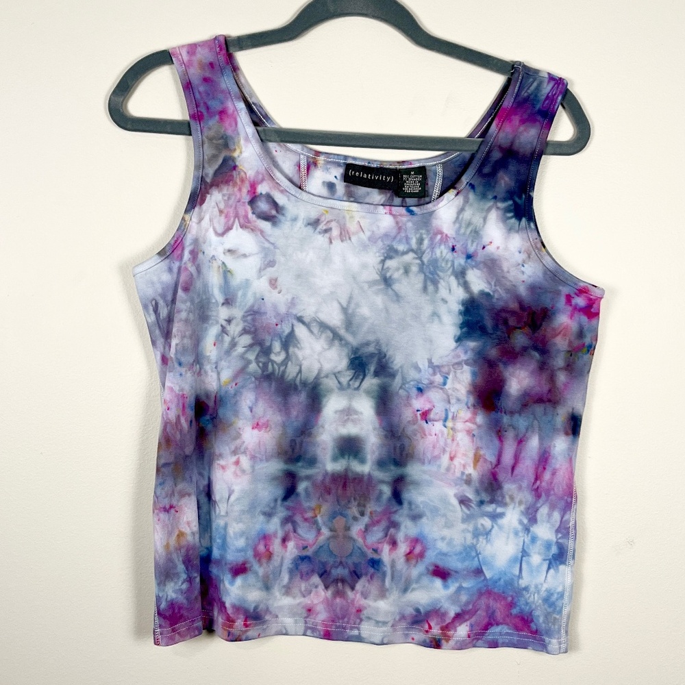 Ice dyed tie dyed upcycled purple multicolor cotton tank sleeveless top